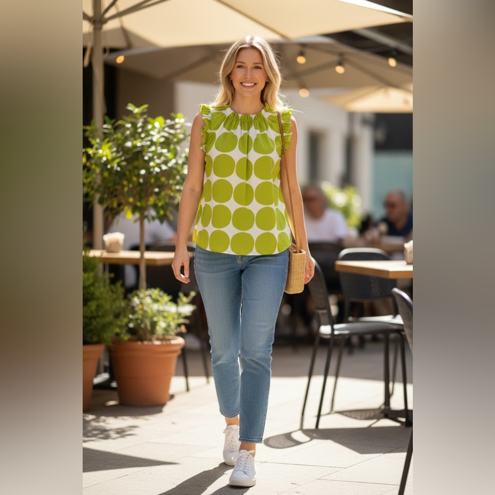 Ces Femme Polka dot neon green polyester sleeveless blouse top elastic neckline